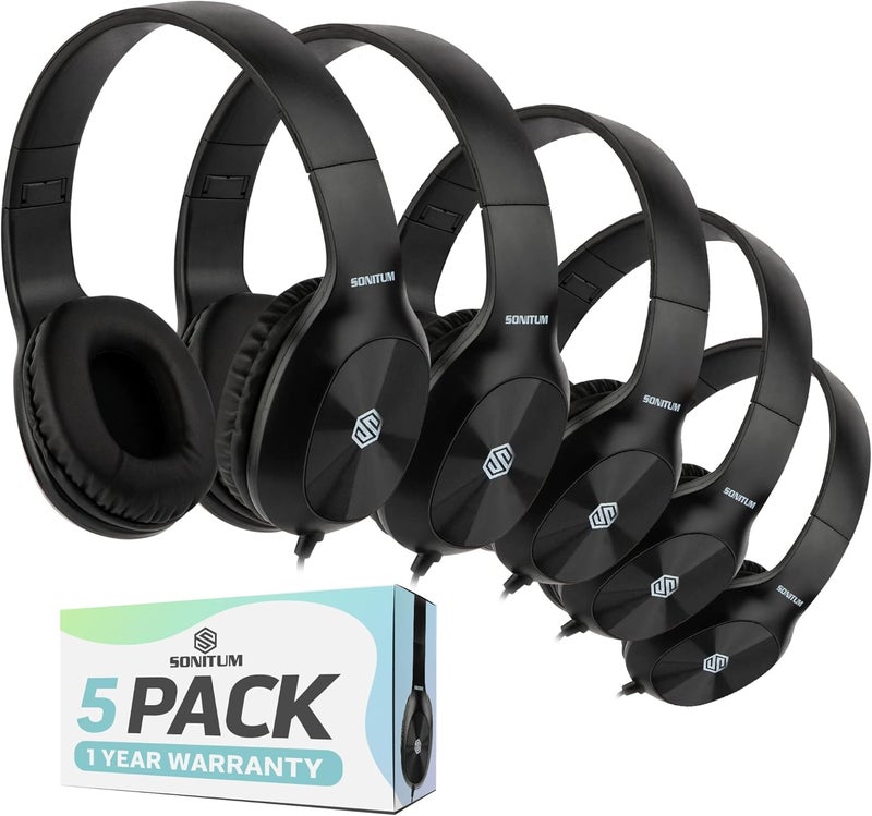 Sonitum Kids Headphones, 5-Pack, On-Ear, 3.5mm Wired, Adjustable, Cushioned, Black - Image 1